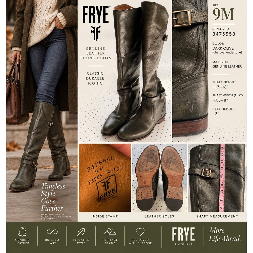 Frye Womens 9M Tall Leather Riding Boots Dark Olive Harness Buckle 3475558